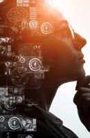 A woman thinking with her hand on her chin and multiple thought icons going around her head