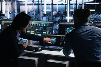 Dos trabajadores mirando una laptop con servidores de computadora al fondo